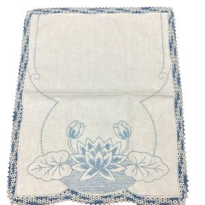 Vintage Embroidered Dresser Scarf Blue Crochet Trim Lotus Flower Tulip 2…